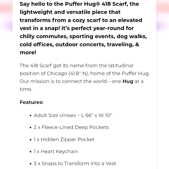 Puffer Hug 418 Scarf. Three pocket puffer scarf, vest - Picture 10 of 11